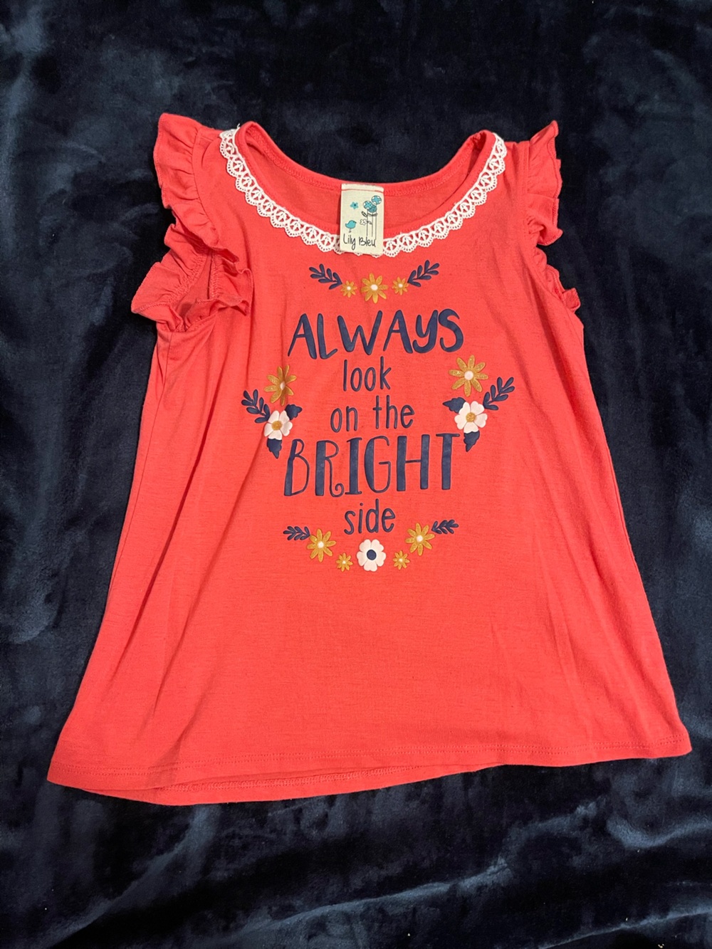 Lily Bleu Coral Tee with Navy & Yellow Floral Script
